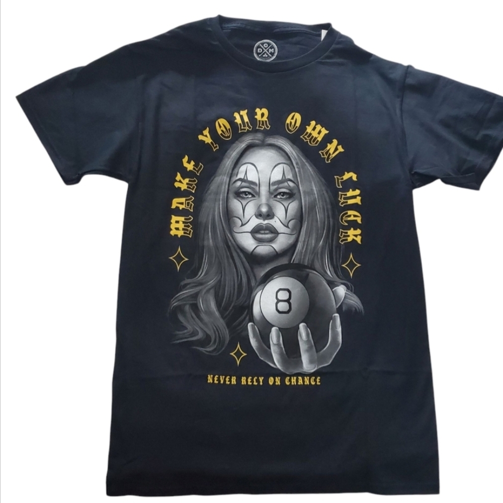 Black and Gold Graphic Short Sleeve Tee Goth Gamer Make Your Own Luck Size S